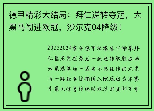 德甲精彩大结局：拜仁逆转夺冠，大黑马闯进欧冠，沙尔克04降级！