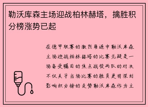 勒沃库森主场迎战柏林赫塔，擒胜积分榜涨势已起