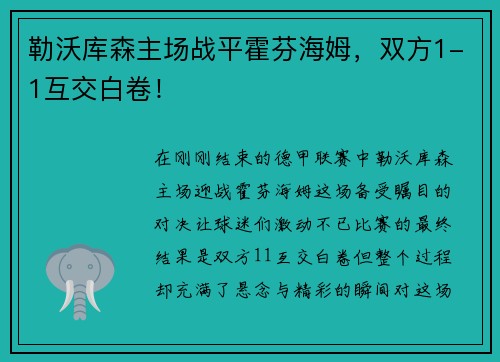 勒沃库森主场战平霍芬海姆，双方1-1互交白卷！