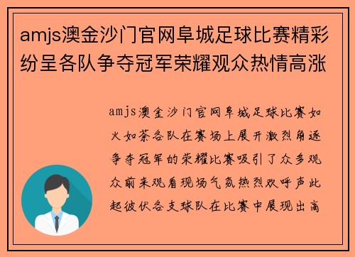 amjs澳金沙门官网阜城足球比赛精彩纷呈各队争夺冠军荣耀观众热情高涨