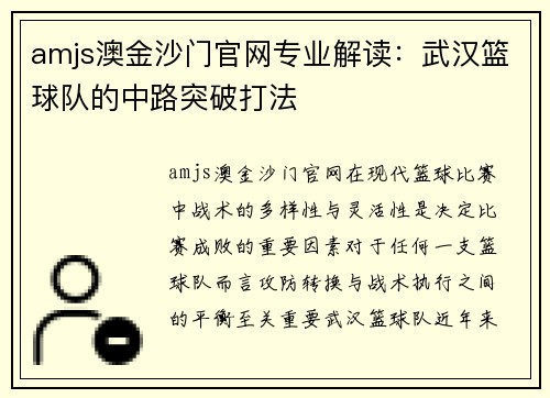 amjs澳金沙门官网专业解读：武汉篮球队的中路突破打法