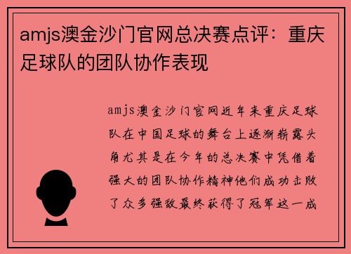 amjs澳金沙门官网总决赛点评：重庆足球队的团队协作表现